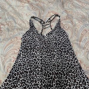 Leopard print tankini with black bottoms
